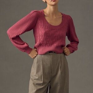 PAIGE Balloon-Sleeve Rose Cable Sweater